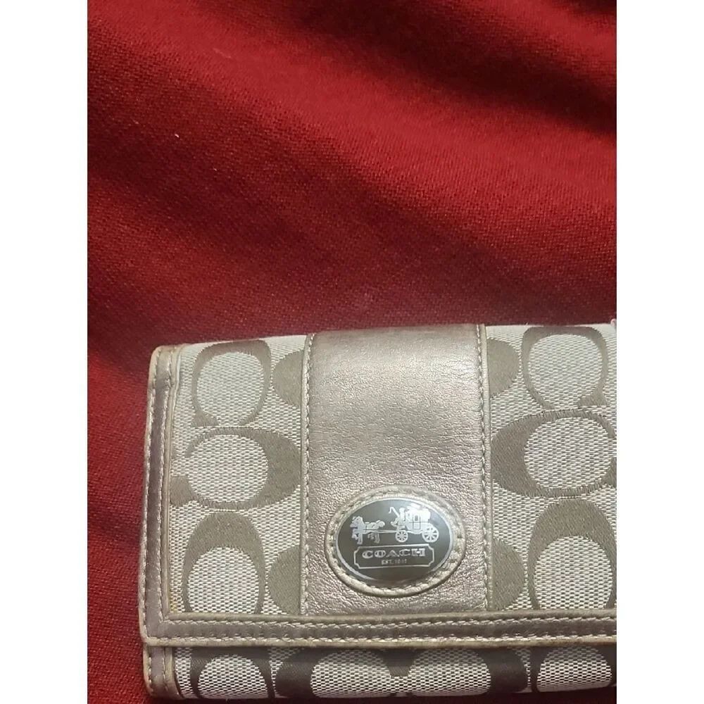 Coach Signature Tri-Fold Wallet in Metallic Taupe and Ivory
